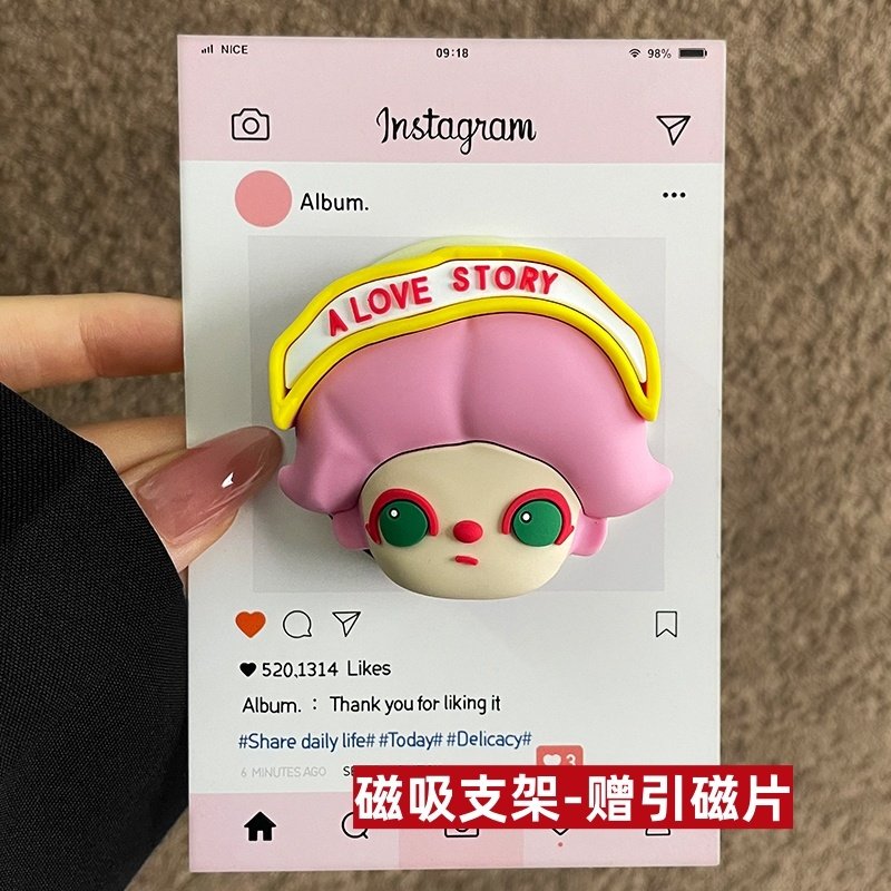 可爱卡通立体迪莫男孩KT补妆镜适用苹果华为磁吸手机支架便携桌面