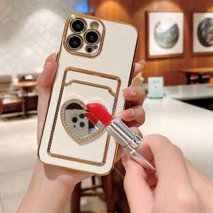 电镀边框适用苹果15promax手机壳iphone13卡包卡套12插卡卡槽证件iph11爱心镜子x简约可XR小众plus硅胶14软壳