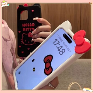 卡通立体爱心蝴蝶结KT猫适用苹果16手机壳iphone15promax硅胶14全包13软12女11少女大孔Xsmax潮xr 15plus 个性