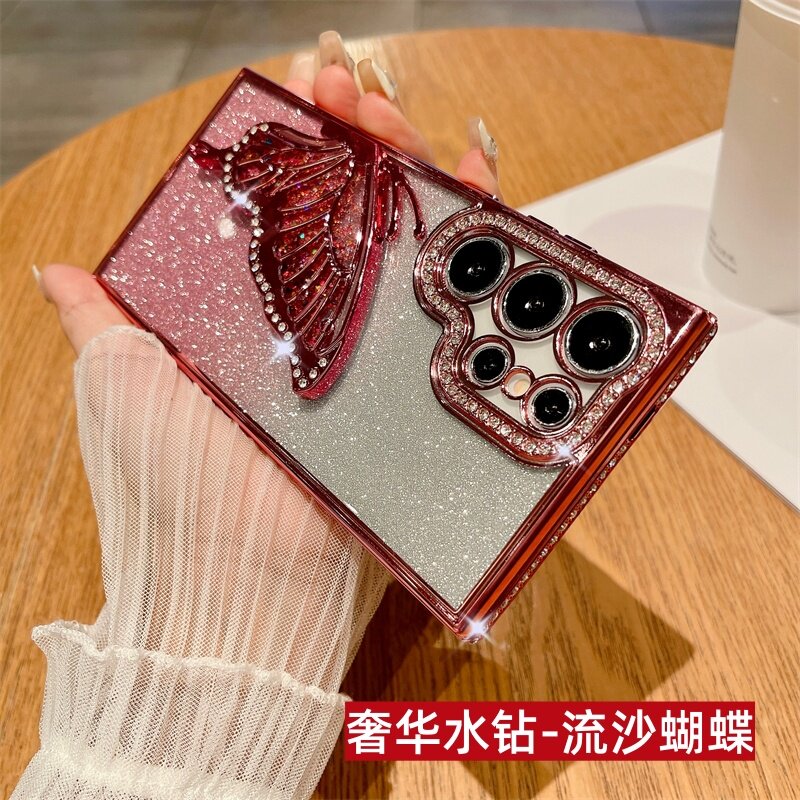 流沙半只蝴蝶适用三星s25ultra手机壳s23u带镜头膜外壳s22全包防摔A56渐变奢华水钻流沙蝴蝶硅胶套女24plus壳