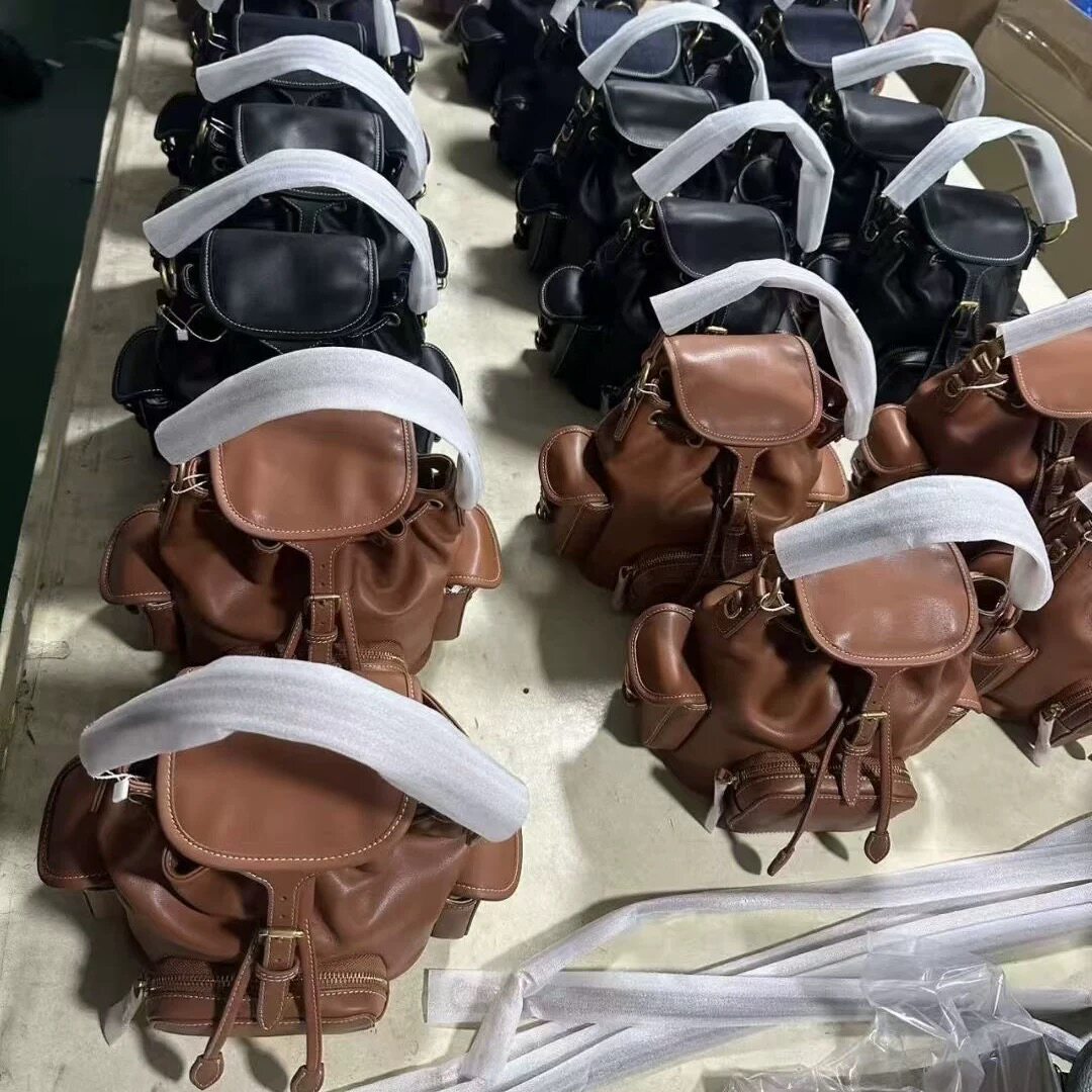 无标头层牛皮女复古风帆布降落伞双肩包学院风抽绳背包手提单肩包
