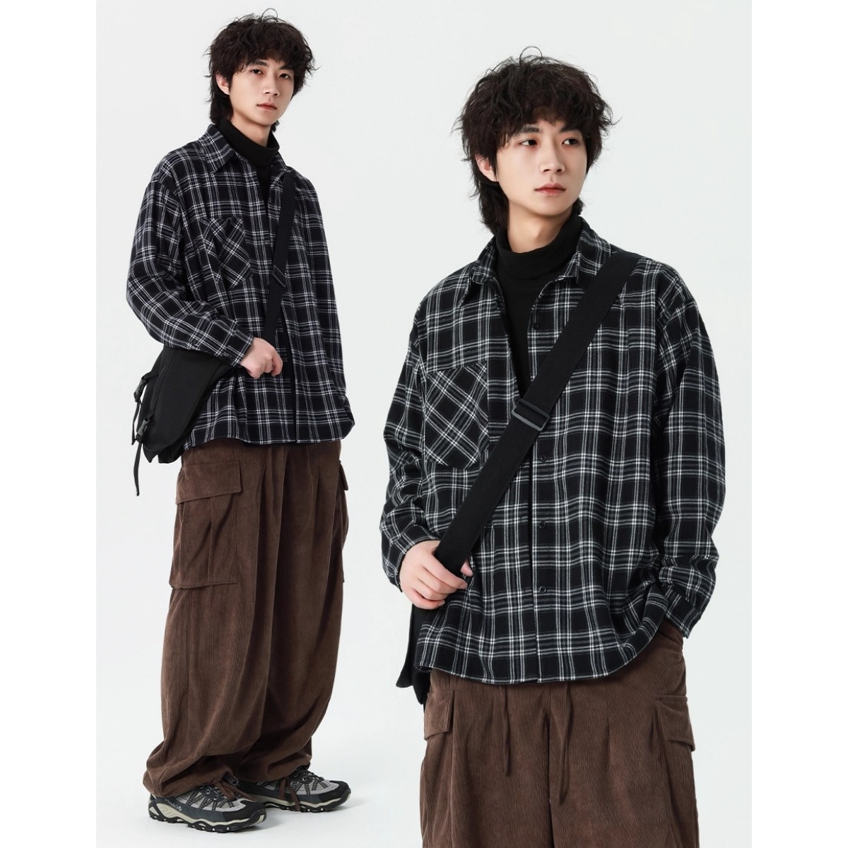 日系通勤复古格子衬衫男百搭休闲