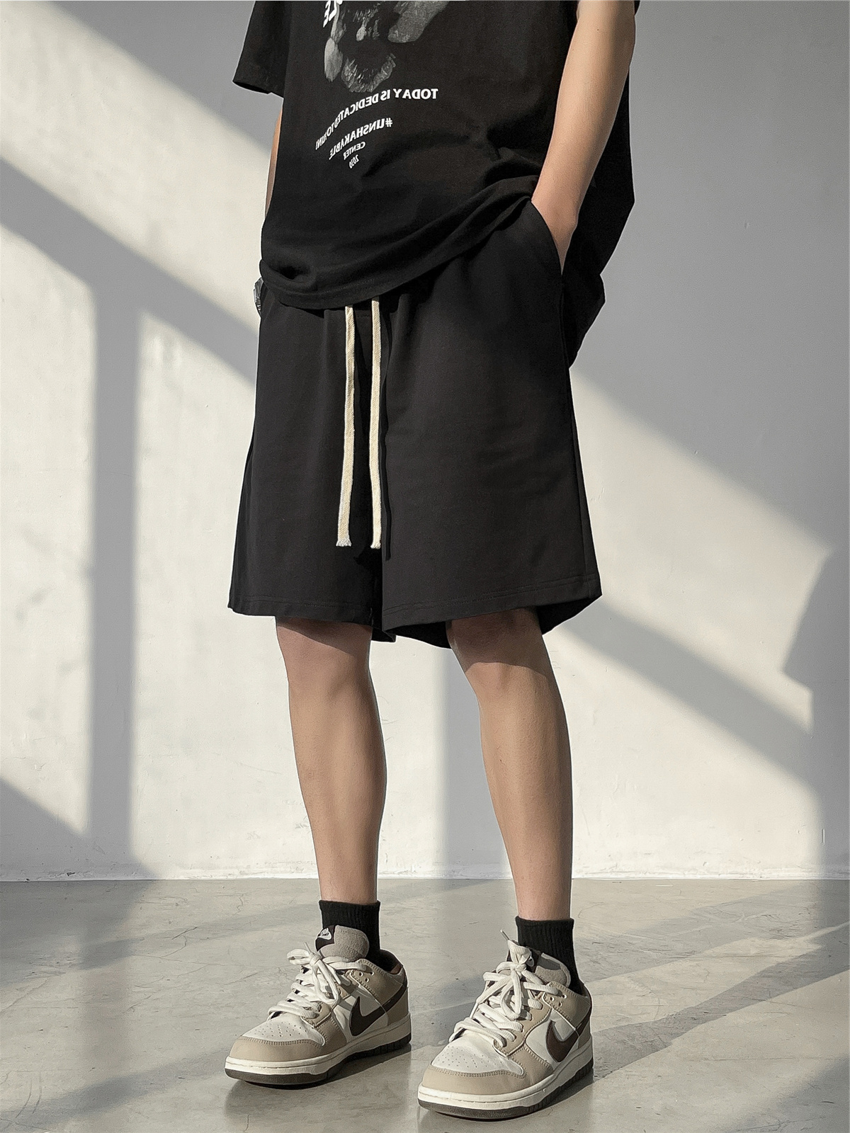 日系潮牌针织纯色短裤男夏季宽松阔腿运动五分裤慢跑休闲情侣中裤