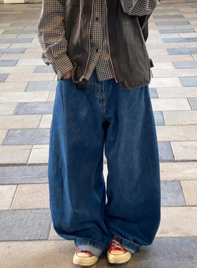 日系穿搭水洗深蓝色弯刀牛仔裤男女街头潮牌阔腿裤松弛宽松休闲裤