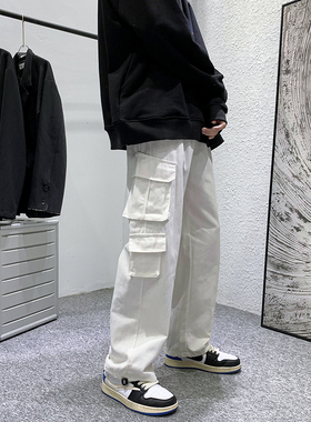 多口袋白色工装裤男潮牌ins港风休闲九分裤子高街机能抽绳束脚裤