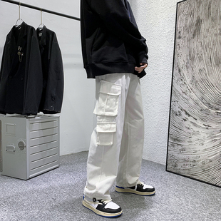 子高街机能抽绳束脚裤 男潮牌ins港风休闲九分裤 裤 多口袋白色工装