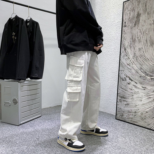 白色工装裤港风高街机能抽绳束