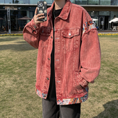 美式 设计感宽松夹克痞帅情侣上衣 古着脏粉色拼接牛仔外套男秋冬季