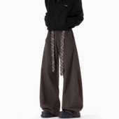 子潮牌休闲松弛长裤 男老钱风垂感阔腿裤 复古格子腰带弯刀西裤 美式