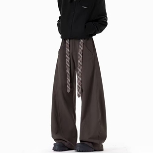 子潮牌休闲松弛长裤 男老钱风垂感阔腿裤 复古格子腰带弯刀西裤 美式