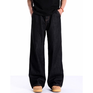 经典复古原牛黑色牛仔裤男茶色明线宽松直筒阔腿裤子休闲百搭长裤