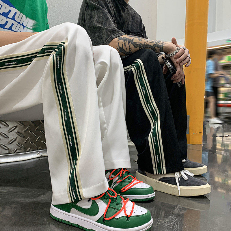 痞帅织带条纹拼接运动裤子男ins港风宽松阔腿裤高街白色直筒卫裤,男装,卫裤,淘宝优惠券,粉丝福利购,淘宝优惠卷