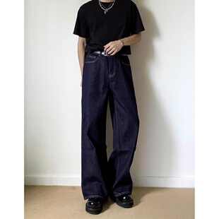 复古深蓝原色阔腿牛仔裤男女美式简约直筒裤子百搭宽松高街垂感裤