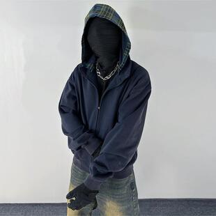 高街短款格子拼接卫衣男女春秋潮牌美式连帽开衫情侣cleanfit外套