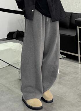 老钱风灰色弯刀裤男日系慵懒松弛阔腿裤子高级感宽松垂感直筒长裤