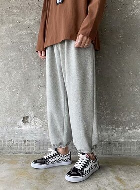 春夏薄款宽松运动裤子男直筒篮球针织灰色卫裤cec抽绳束脚灯笼裤