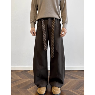 子直筒廓形休闲裤 复古垂坠感松弛阔腿裤 男美式 棕咖色飘带弯刀西裤