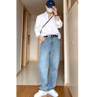 垂感复古色做旧牛仔裤男潮牌宽松大码长裤ins港风阔腿直筒拖地裤
