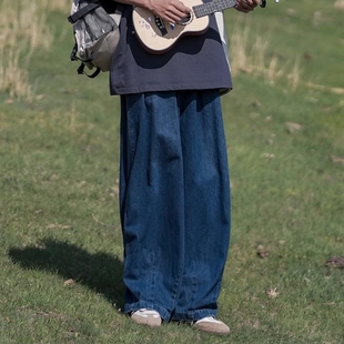 日系深蓝色牛仔裤男宽松直筒oversize阔腿裤子美式复古痞帅老爹裤