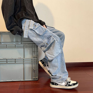美式多口袋工装牛仔裤男秋冬季直筒宽松阔腿裤子ins潮牌高街长裤