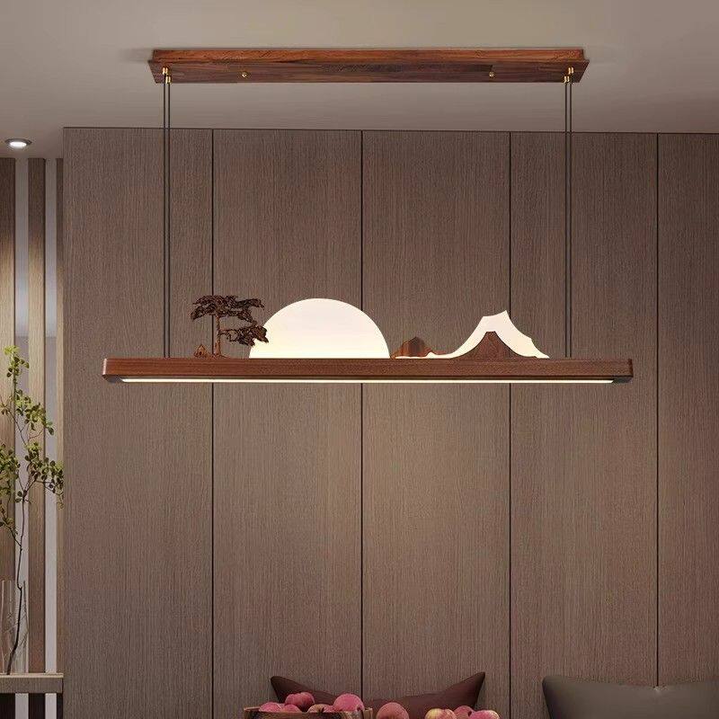 新中式茶室吊灯北美黑胡桃实木中国风禅意长条茶桌吧台书房餐厅灯