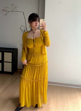 【清仓特价8折】微胖姜黄色堆叠层次感褶皱蛋糕裙法式长裙女胖MM1