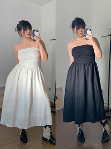 FishCake大码微胖辣妹黑色抹胸连衣裙女伴娘生日长款气质年会裙子