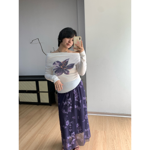 FishCake大码 花卉上衣半身纱裙直筒半身裙女 微胖一字肩螺纹长袖