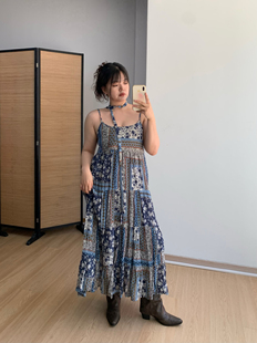微胖 FishCake大码 艺术感民族风印花吊带长裙细带连衣裙女夏胖MM