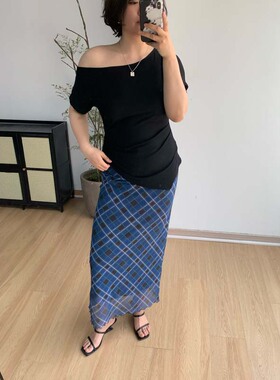 FishCake 大码微胖蓝色菱格纹理半身裙直筒宽松复古风裙子女胖MM