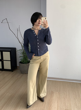 【限时6折】FishCake 卡其色直筒牛仔裤宽松遮肉休闲长裤女胖MM秋