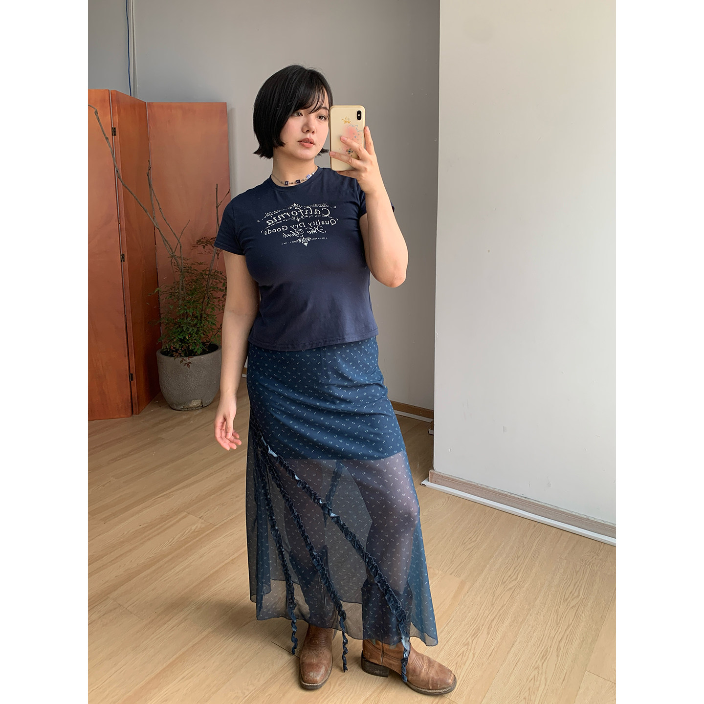 FishCake 大码微胖修身藏青色字母印花修身T恤黑色纱裙两件套女夏