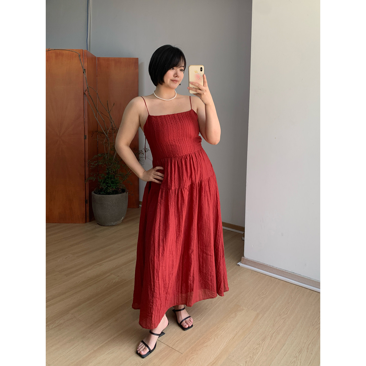 FishCake 大码微胖方领肌理感酒红色吊带长裙绑带连衣裙女