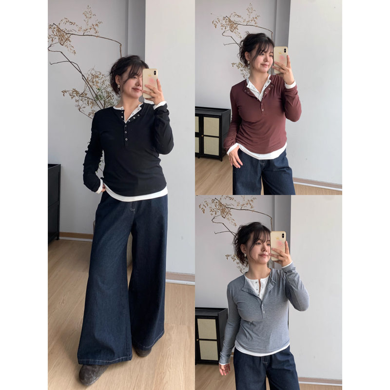 FishCake大码微胖假两件撞色休闲打底长袖T半开v领纽扣显瘦上衣女