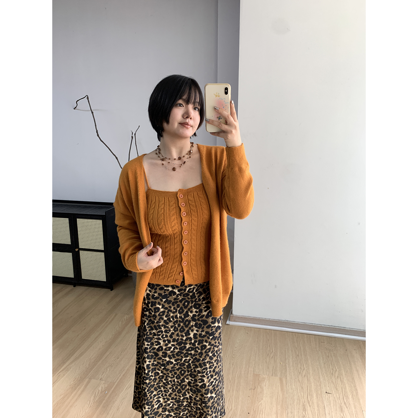 FishCake 微胖大码橙色针织开衫上衣吊带休闲女内搭两件套女胖MM