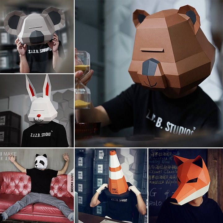 3d立体动物头套手工卡纸材料包动物面具熊全脸兔子半脸化妆舞会派对