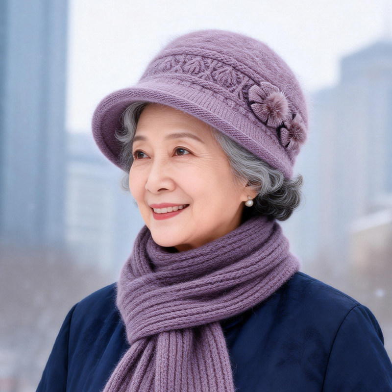 时尚盆帽中年女毛线优雅冬季加厚加绒毛绒帽花朵图案保暖百搭女帽