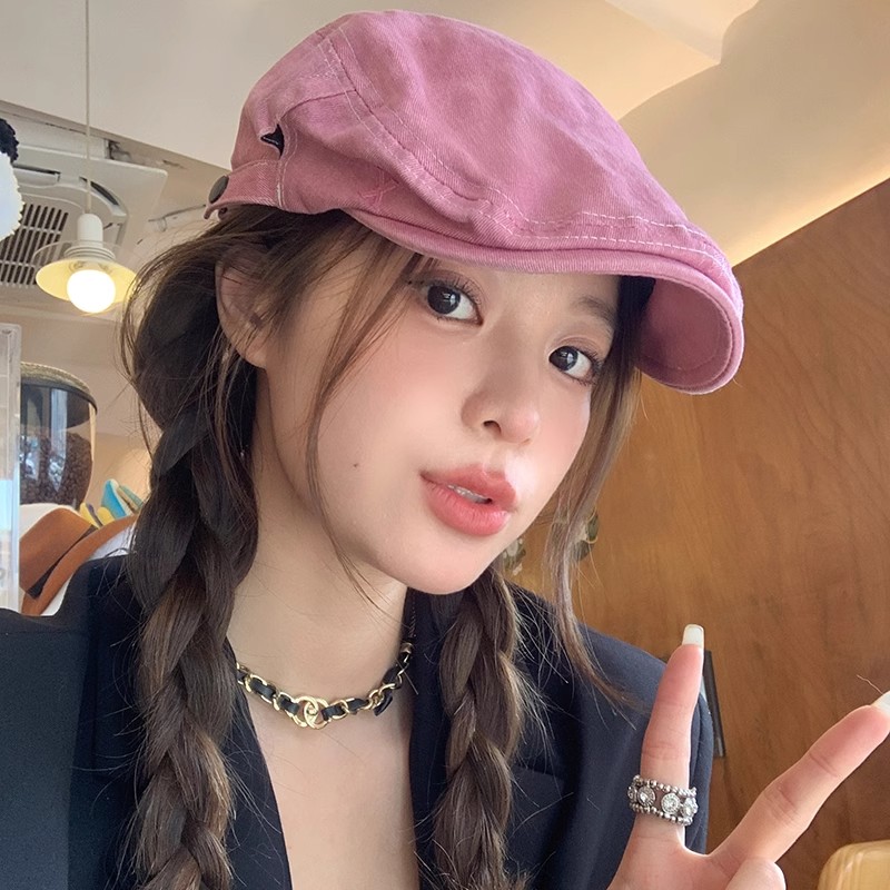 反戴贝雷帽美式复古牛仔前进帽女2025新款粉色鸭舌帽画家报童帽子
