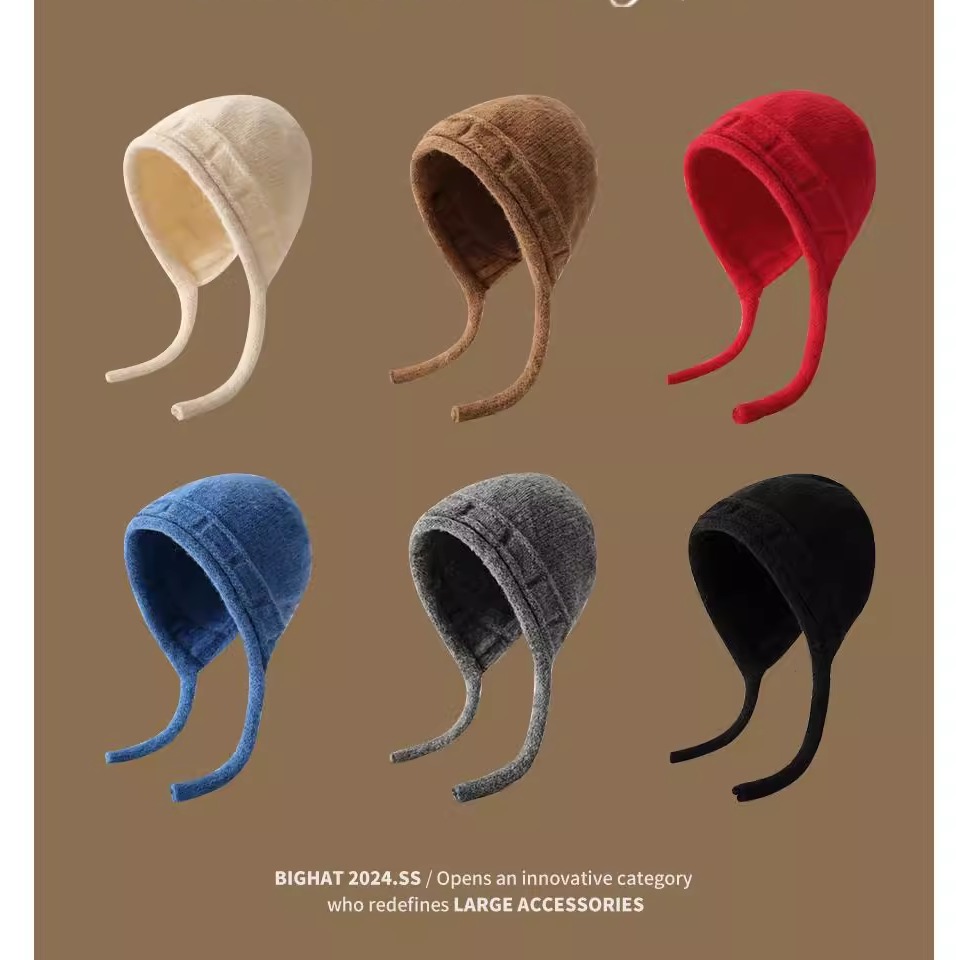 大头围帽子女秋冬季户外防风毛线帽绑带护耳帽2025新款保暖针织帽