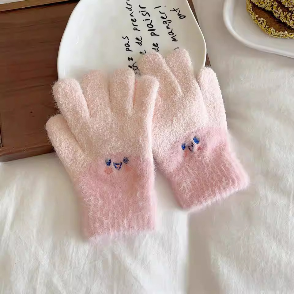 儿童手套冬男女孩可爱糖果色加厚保暖防寒骑车小学生五指毛绒针织