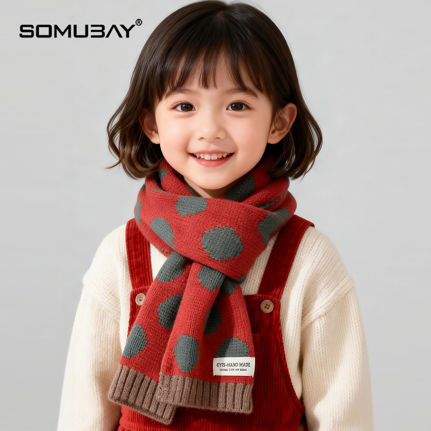 红色格子针织围巾儿童保暖加厚围脖男女童冬季护颈秋冬款毛线韩版