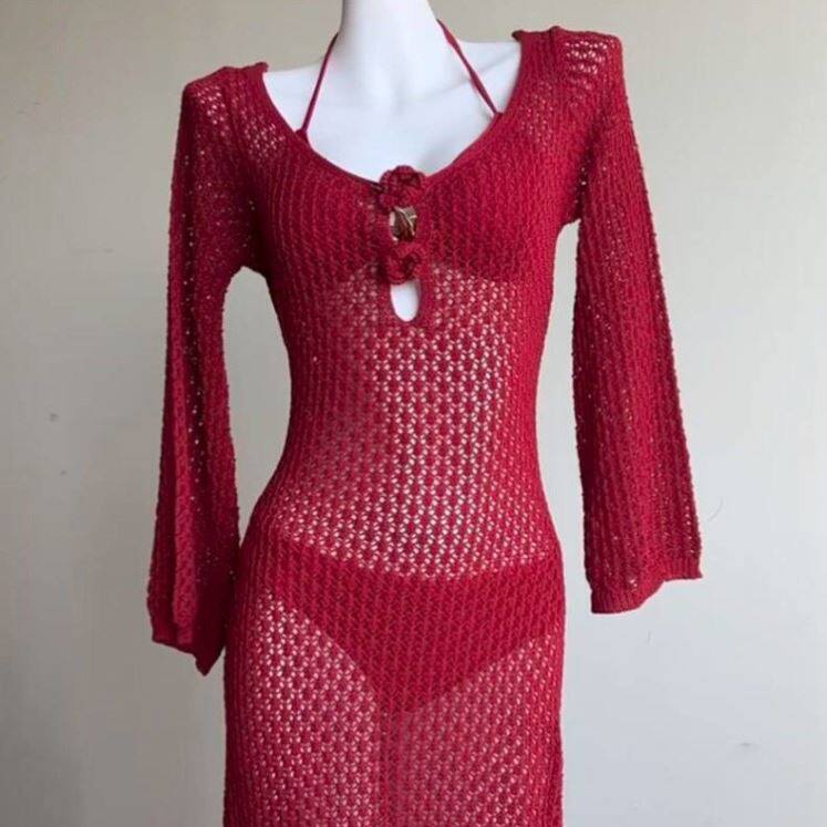 欧美纯欲风辣妹性感镂空针织长裙度假旅拍比基尼三件套温泉泳衣