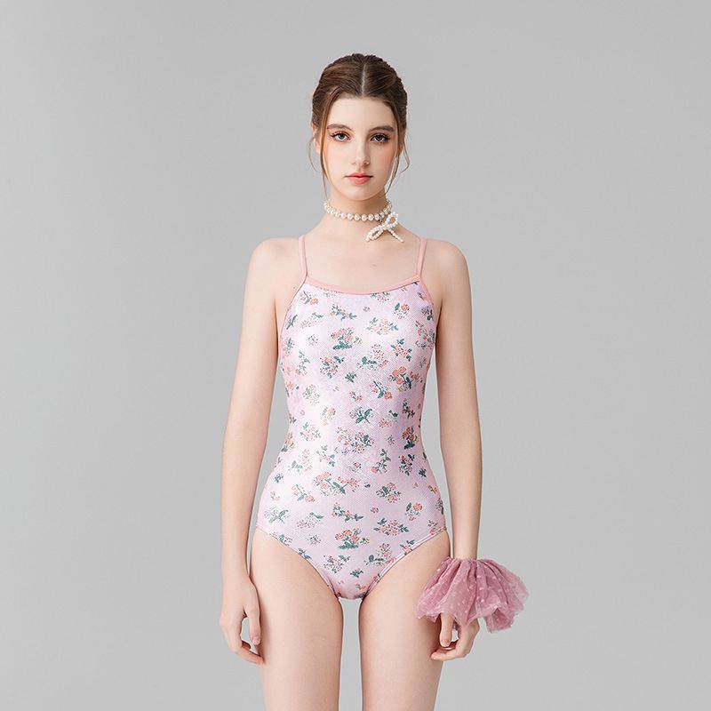 新款小清新粉色碎花性感紧身双肩带专业竞速类连体泡温泉游泳衣女