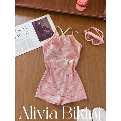 【平角贵宾犬】粉色可爱连体泳衣专业比赛竞速游泳馆保守泳衣