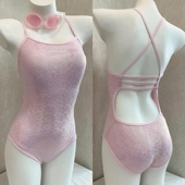 珍珠粉爆闪连体三角游泳衣女运动竞速游泳馆训练美背专业学生纯欲