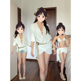 慵懒南法风度假白色收腰衬衫休闲套装比基尼三件套松弛高级感泳衣