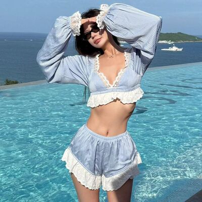 高颜值纯欲风保守长袖防晒蕾丝花边蓝色条纹温泉度假套装游泳衣夏