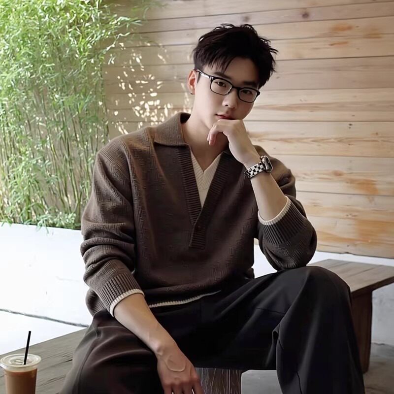 美拉德咖色假两件拼接V领毛衣男秋冬穿搭韩版休闲针织POLO衫上衣