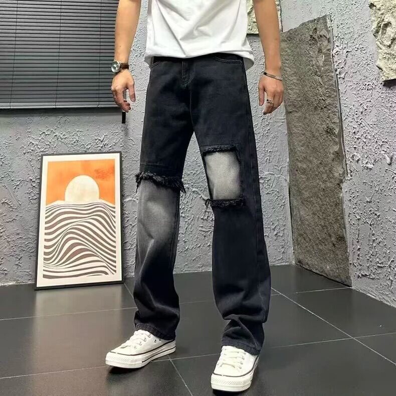 秋季美式痞帅重磅复古做旧破洞贴布黑色牛仔裤男直筒宽松锥形裤子