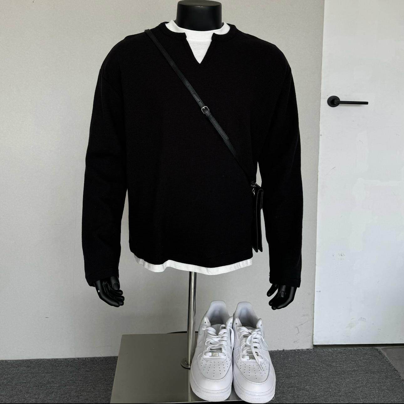 小众设计感假两件V领卫衣男华夫格早秋长袖t恤基础款打底内搭上衣